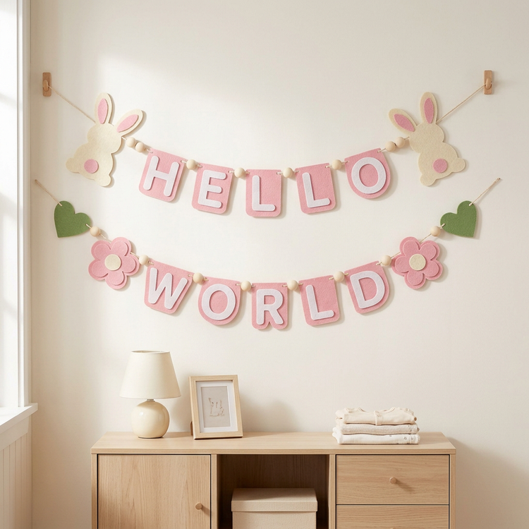 Pink HELLO WORLD felt garland displayed on a nursery wall