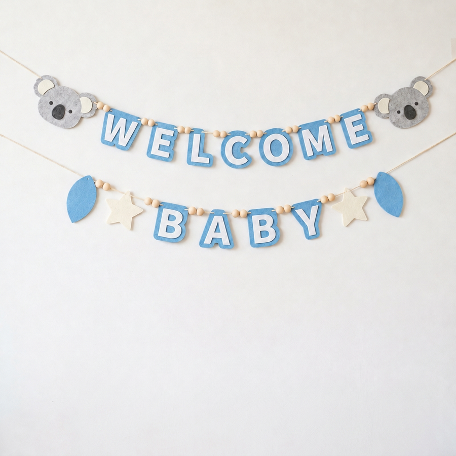Blue WELCOME BABY felt garland with grey koalas, stars and balloons