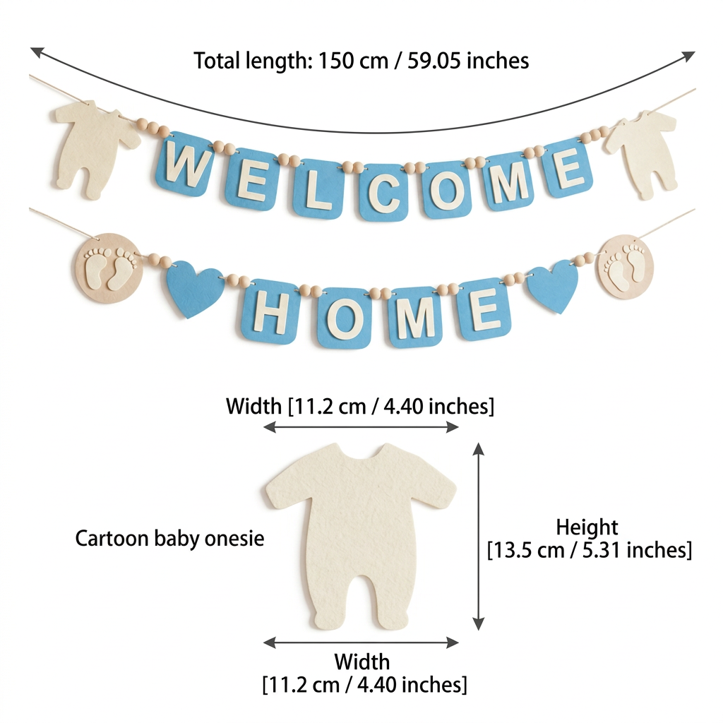 WELCOME HOME felt garland size guide in centimetres and inches