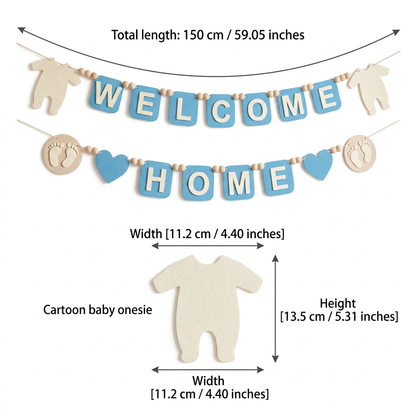 WELCOME HOME felt garland size guide in centimetres and inches