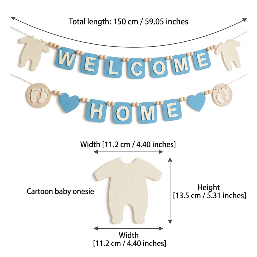 WELCOME HOME felt garland size guide in centimetres and inches