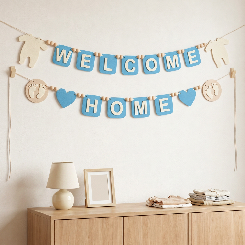 Blue WELCOME HOME felt garland displayed on a nursery wall