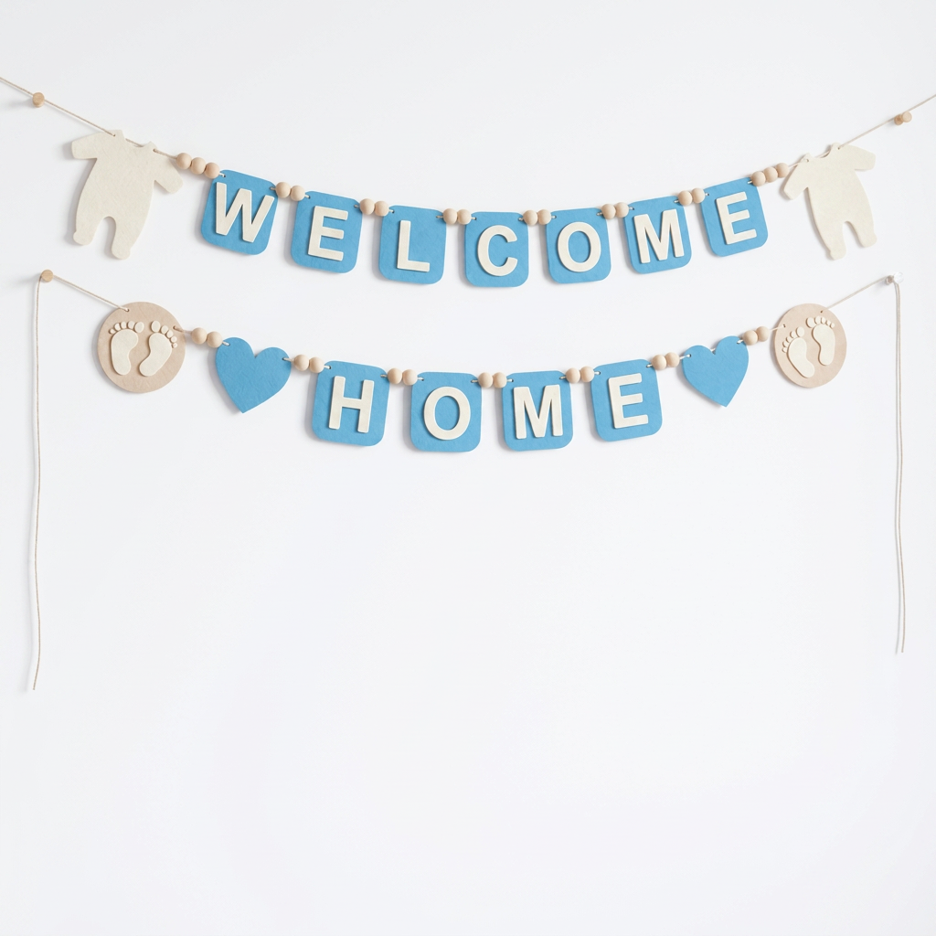 Blue WELCOME HOME felt garland with baby bodysuit shapes, footprints and hearts