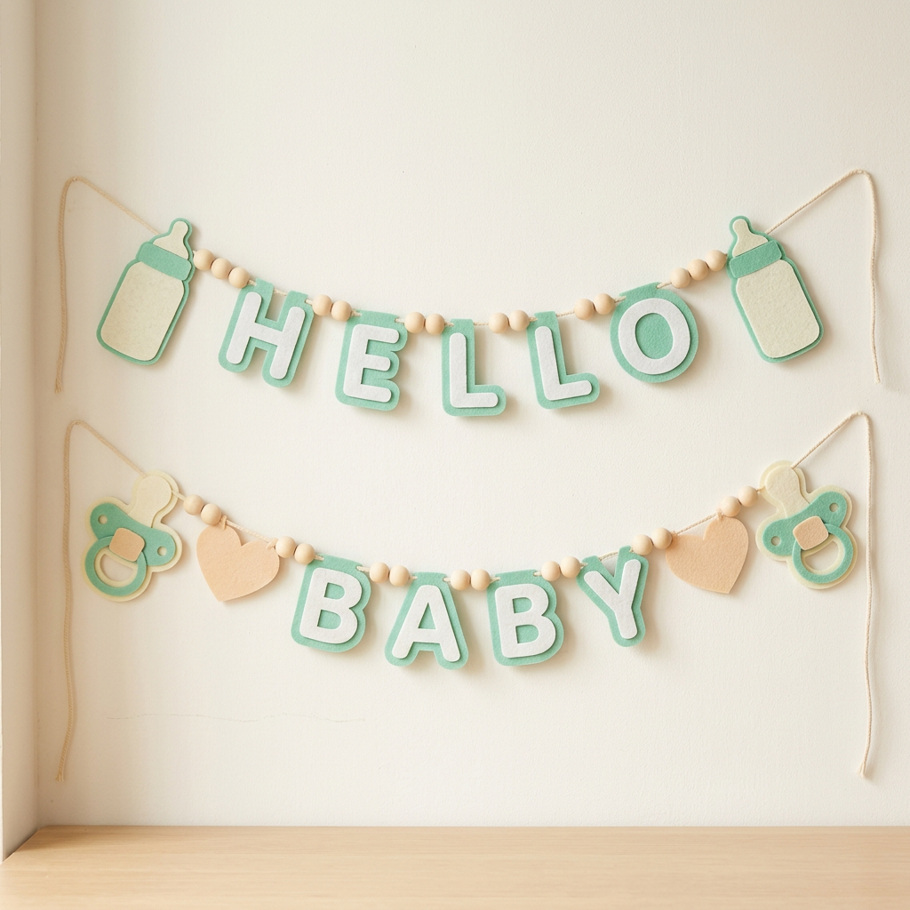 Mint HELLO BABY felt garland with baby bottle shapes, pacifiers and hearts