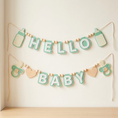Mint HELLO BABY felt garland with baby bottle shapes, pacifiers and hearts