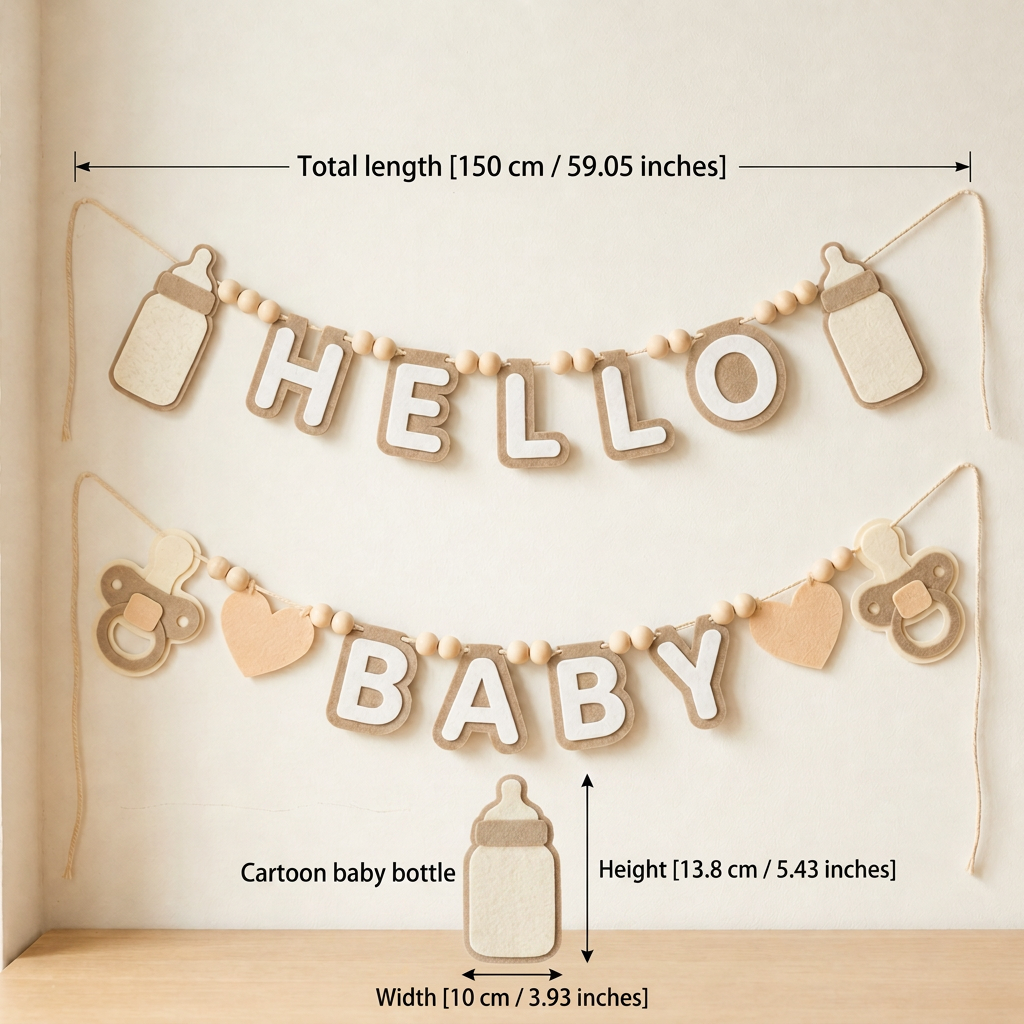 HELLO BABY felt garland size guide in centimetres and inches