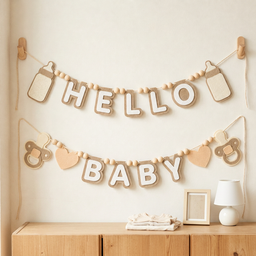 Tan HELLO BABY felt garland displayed on a nursery wall