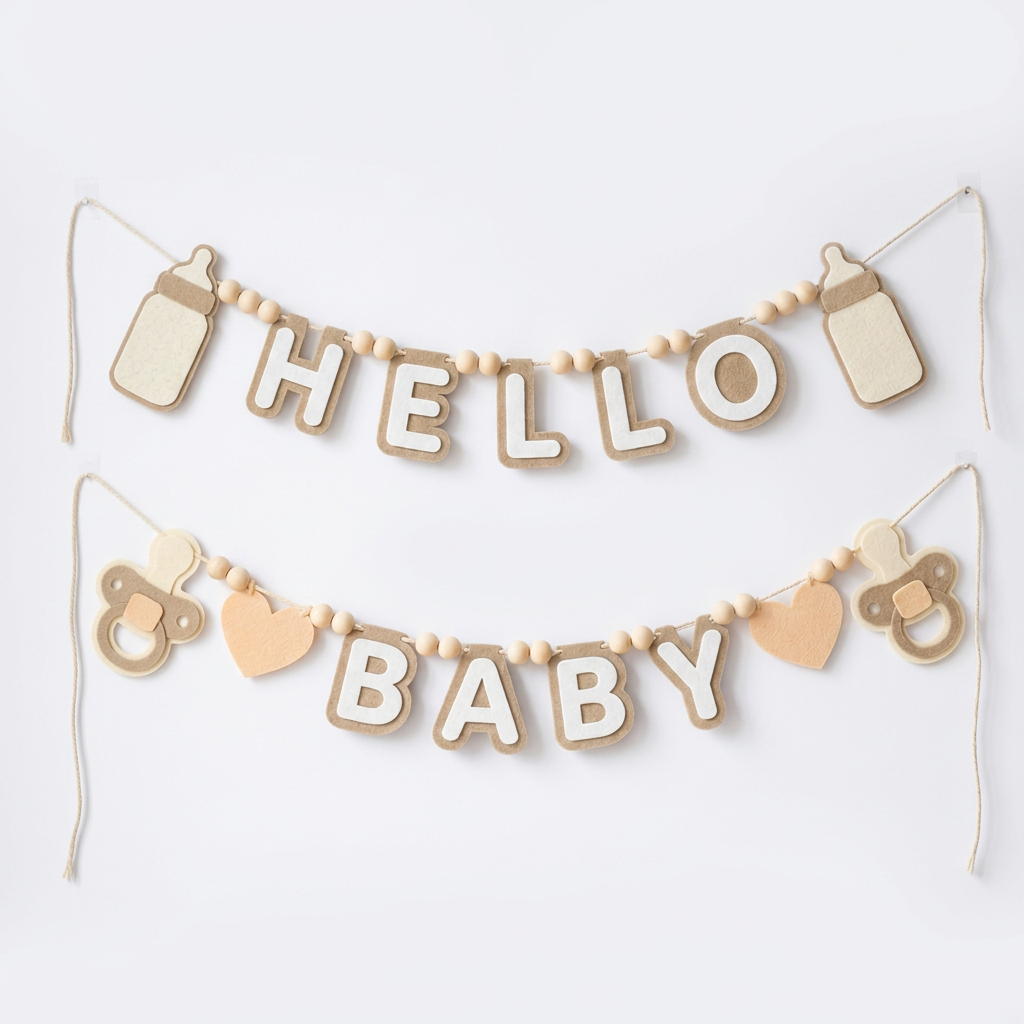 Tan HELLO BABY felt garland with baby bottle shapes, pacifiers and hearts