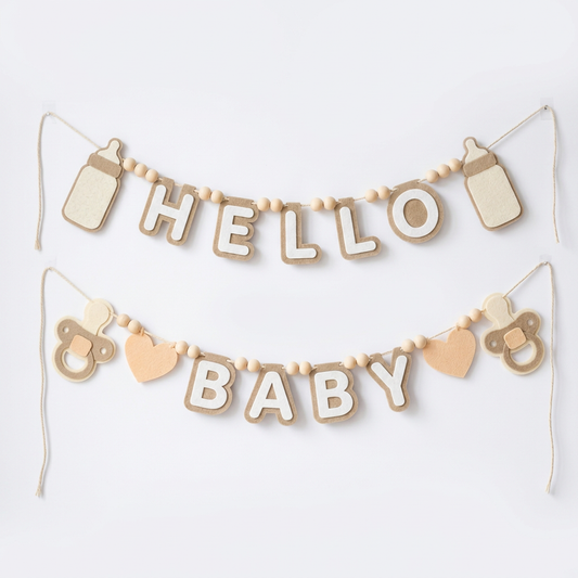 Tan HELLO BABY felt garland with baby bottle shapes, pacifiers and hearts