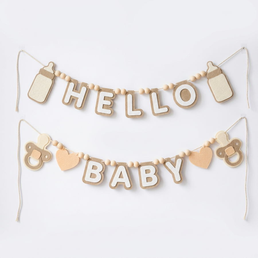 Tan HELLO BABY felt garland with baby bottle shapes, pacifiers and hearts