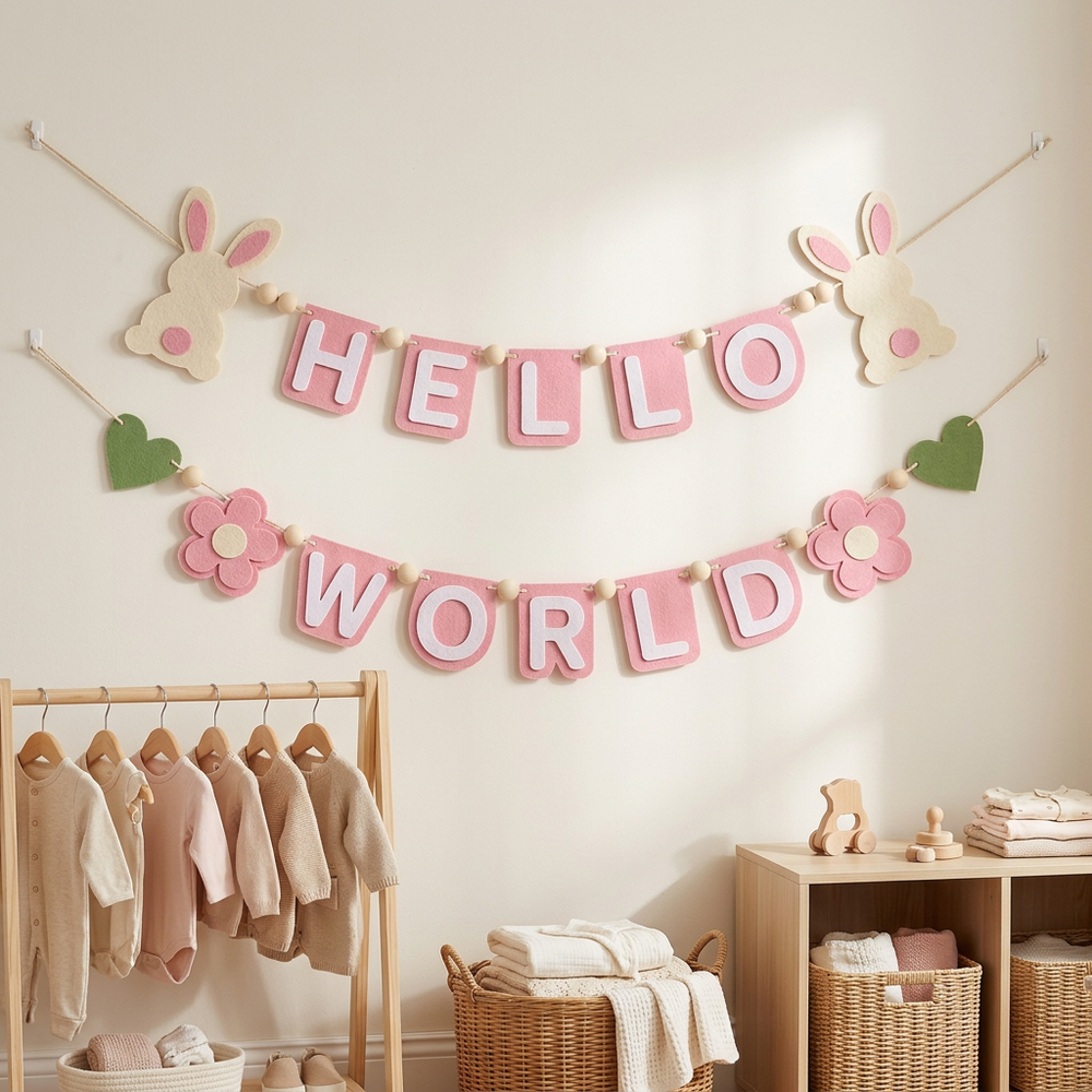 Pink Hello World bunny garlands above an oak dresser in a clothing corner; styling props not included