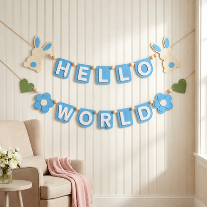 Blue HELLO WORLD felt garland with rabbits, flowers and green hearts