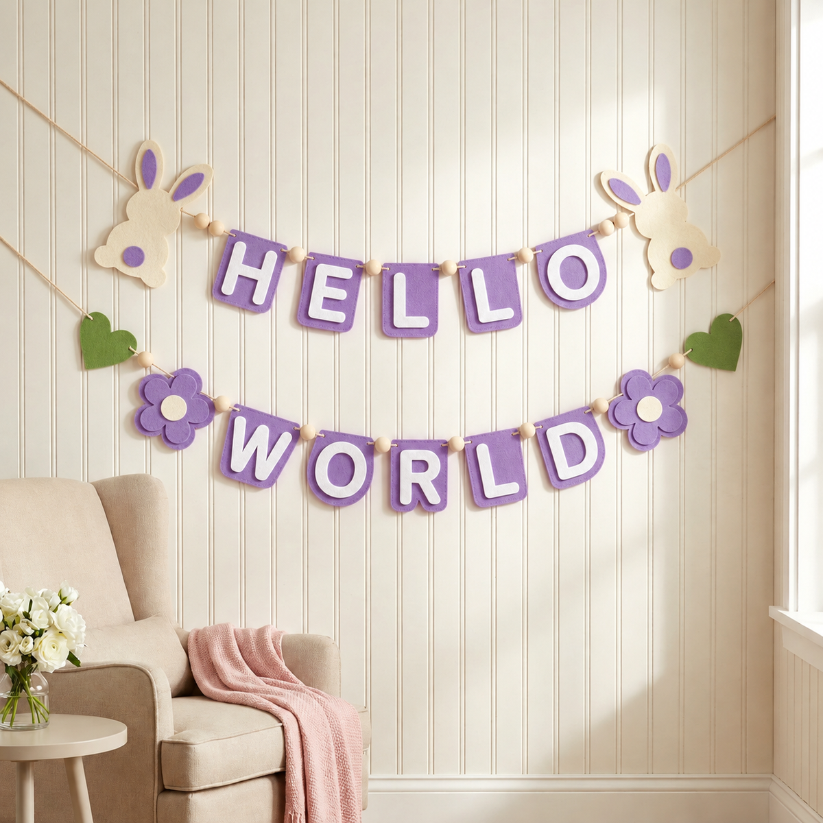 Lavender HELLO WORLD felt garland with rabbits, flowers and green hearts