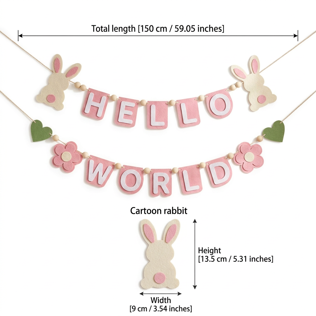 HELLO WORLD felt garland size guide in centimetres and inches