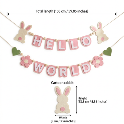 HELLO WORLD felt garland size guide in centimetres and inches