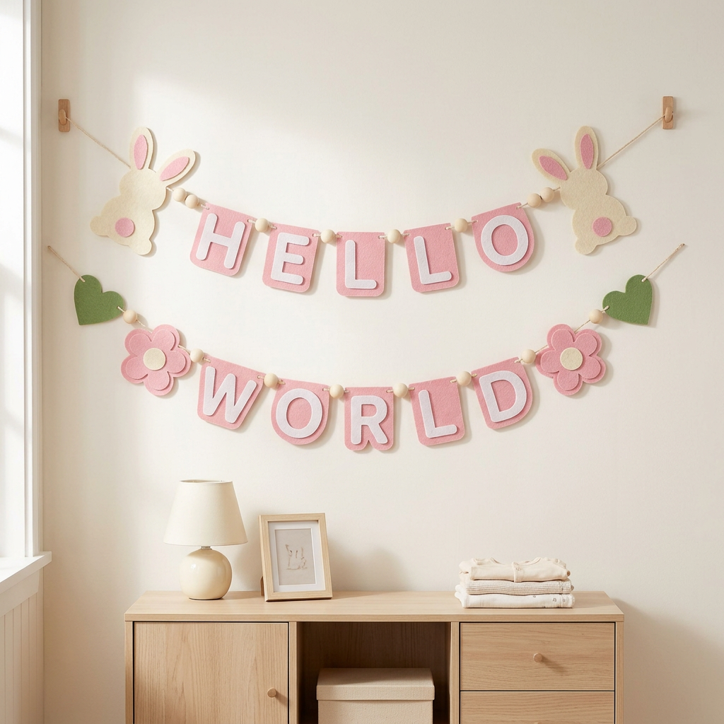 Pink HELLO WORLD felt garland displayed on a nursery wall