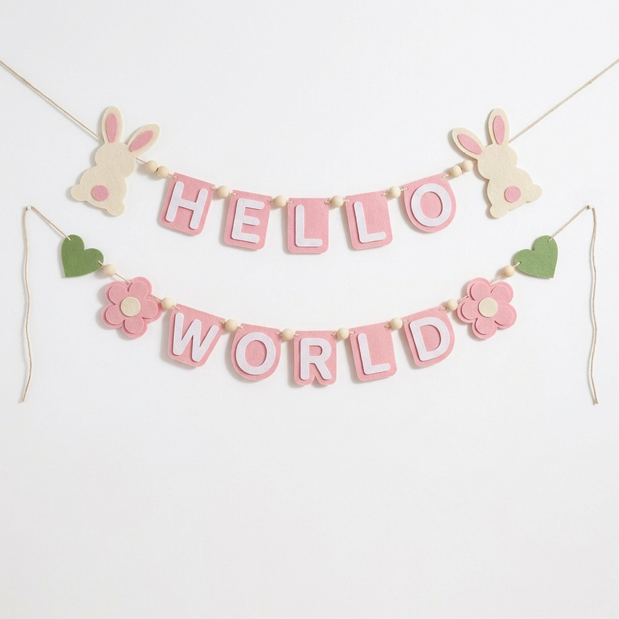 Pink HELLO WORLD felt garland with rabbits, flowers and green hearts