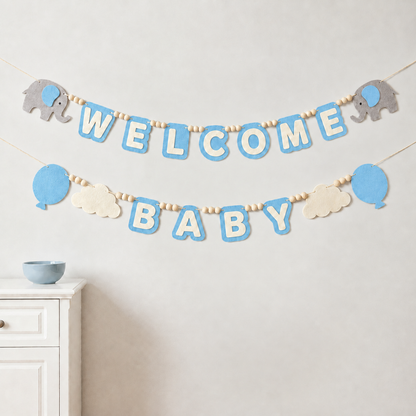 Blue WELCOME BABY felt garland with grey elephants, balloons and clouds