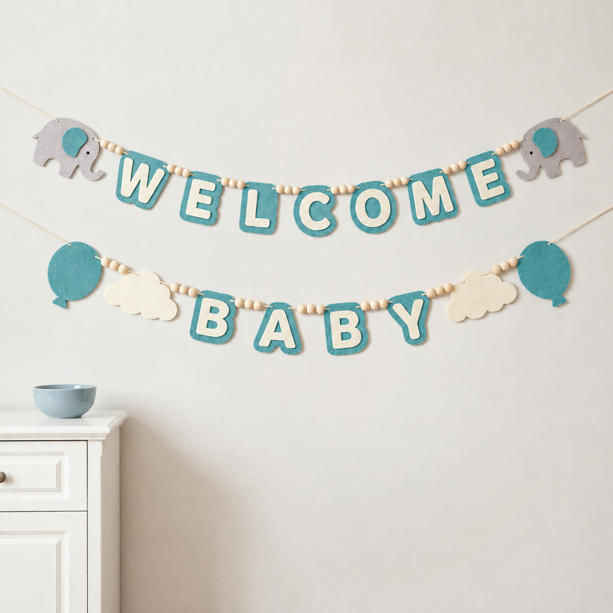 Teal WELCOME BABY felt garland with grey elephants, balloons and clouds