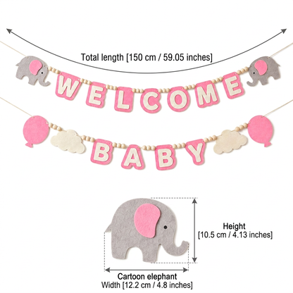 WELCOME BABY felt garland size guide in centimetres and inches