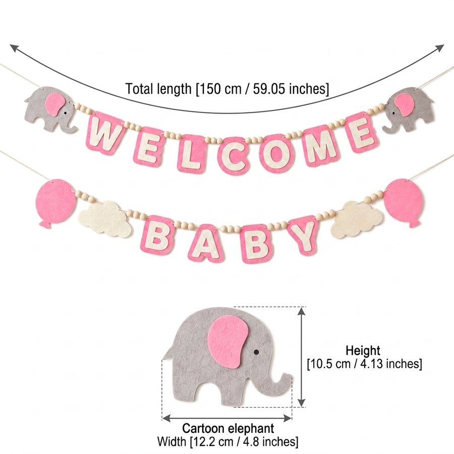 WELCOME BABY felt garland size guide in centimetres and inches