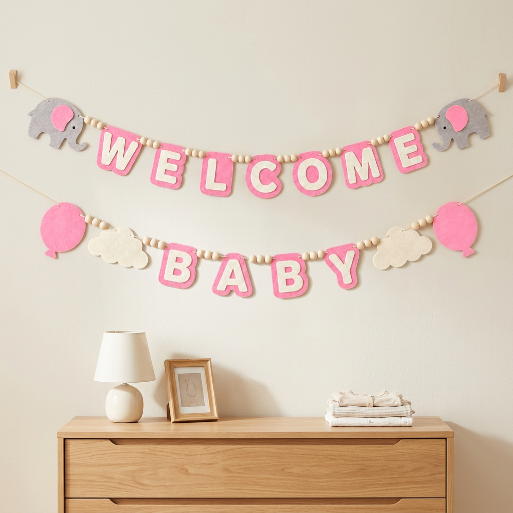 Pink WELCOME BABY felt garland displayed on a nursery wall