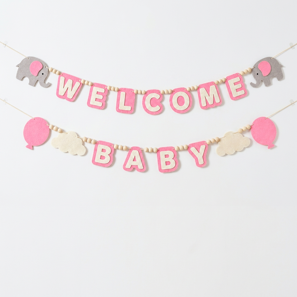 Pink WELCOME BABY felt garland with grey elephants, balloons and clouds