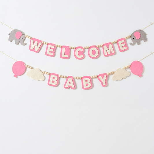 Pink WELCOME BABY felt garland with grey elephants, balloons and clouds