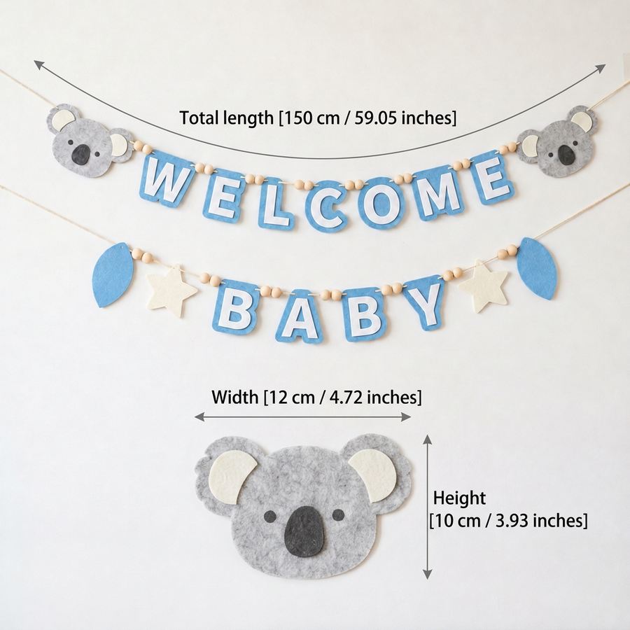 WELCOME BABY felt garland size guide in centimetres and inches
