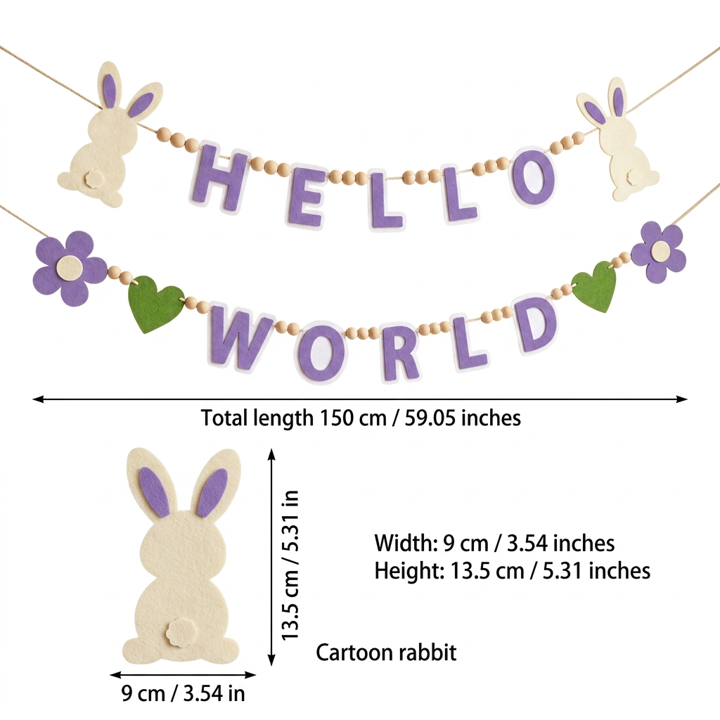 HELLO WORLD felt garland size guide in centimetres and inches