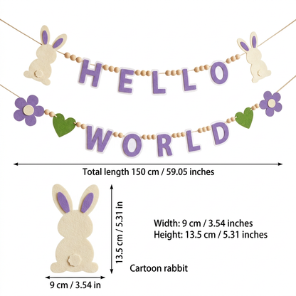 HELLO WORLD felt garland size guide in centimetres and inches