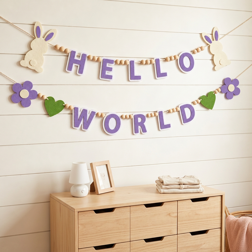 Lavender HELLO WORLD felt garland displayed on a nursery wall
