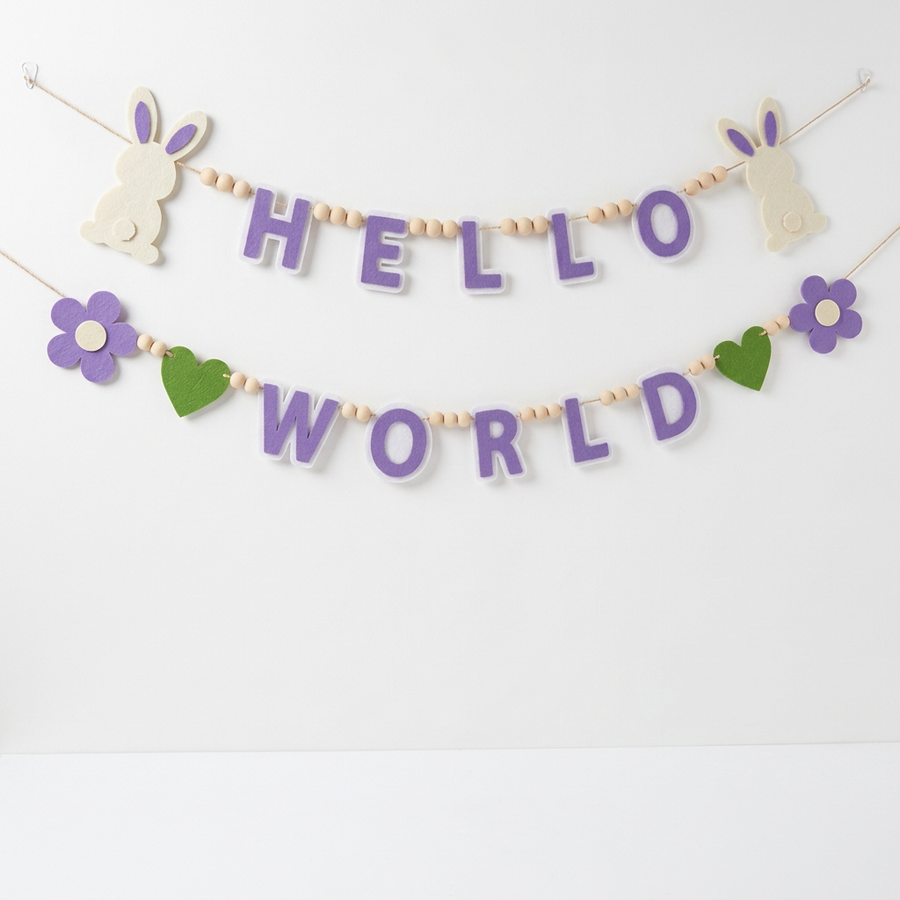 Lavender HELLO WORLD felt garland with cream rabbits, purple flowers and green hearts