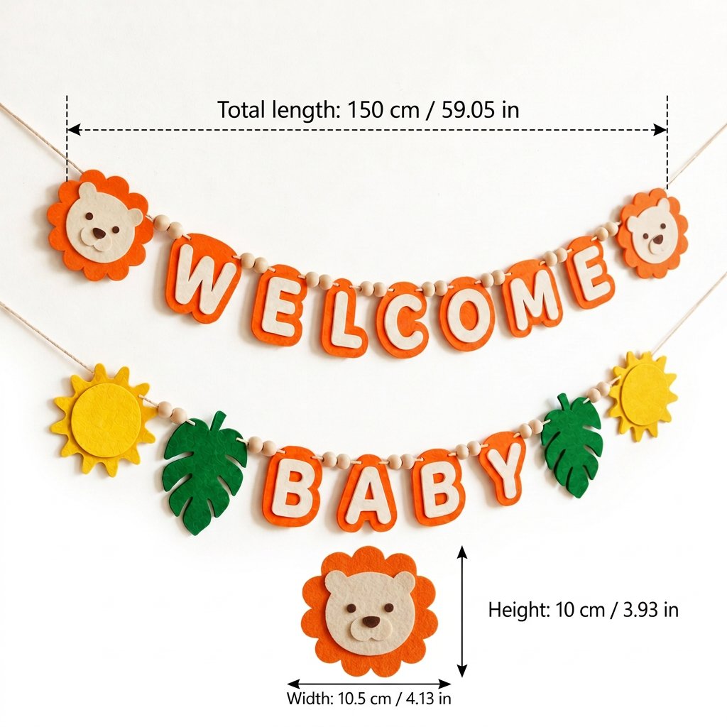 WELCOME BABY felt garland size guide in centimetres and inches