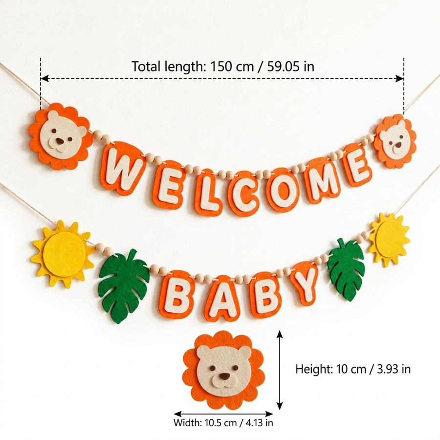 WELCOME BABY felt garland size guide in centimetres and inches