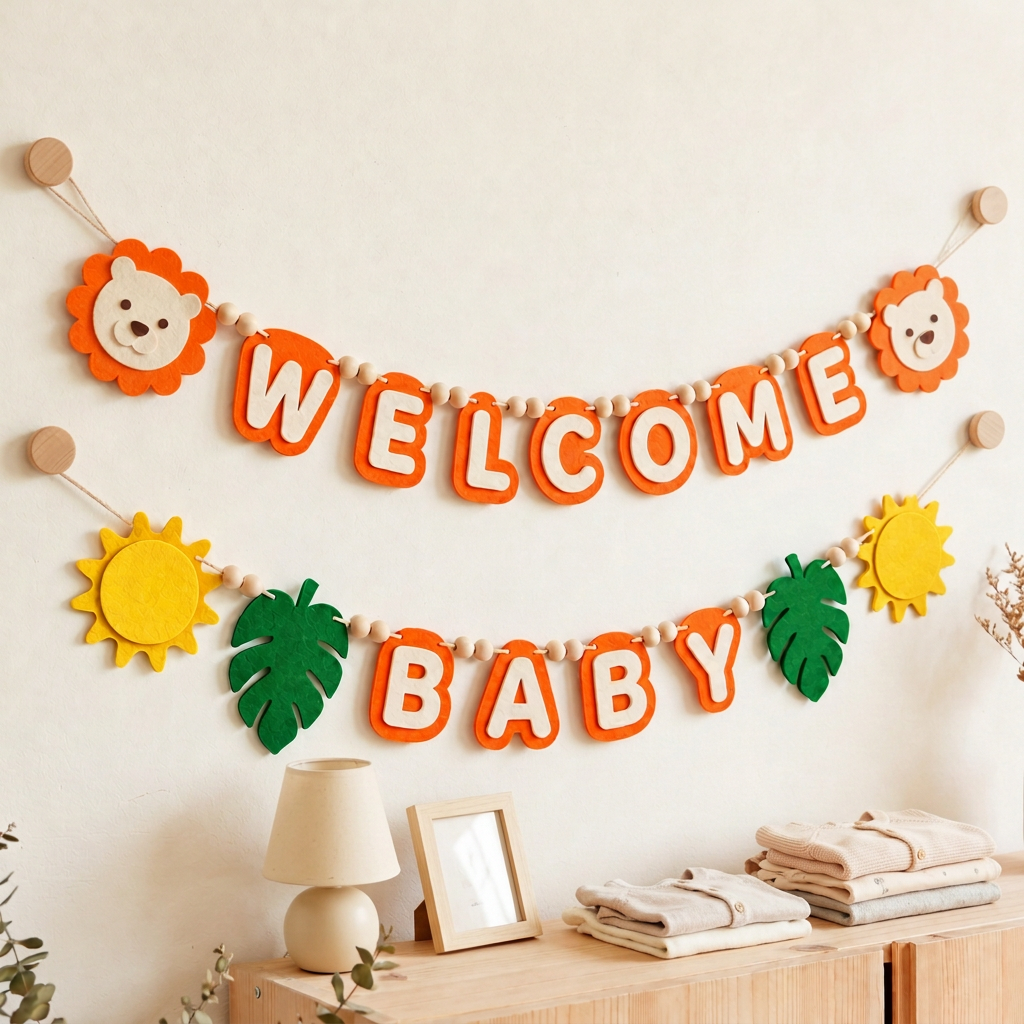 Orange WELCOME BABY felt garland displayed on a nursery wall