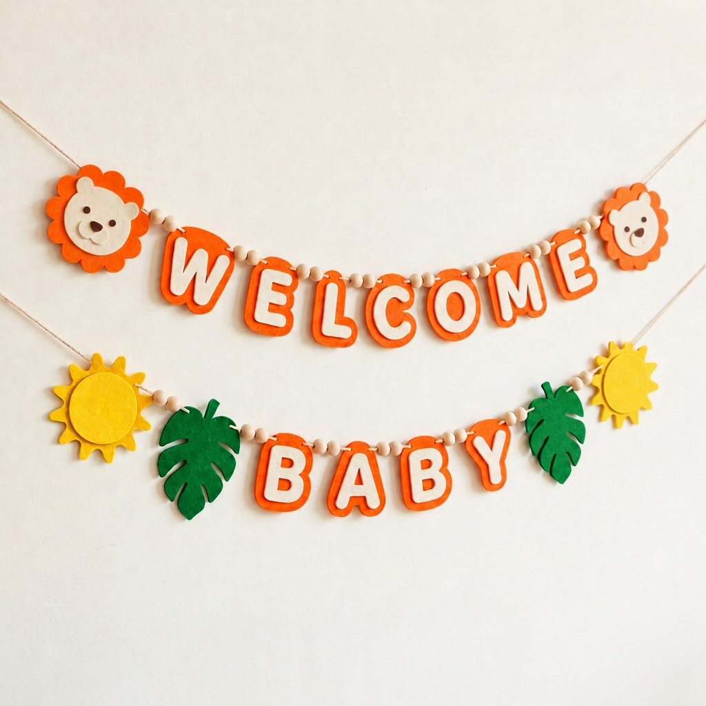 Orange WELCOME BABY felt garland with lion faces, sunshine shapes and green leaves
