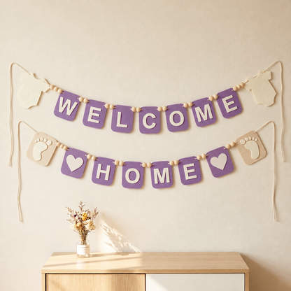Lavender WELCOME HOME felt garland with baby bodysuit shapes, footprints and hearts