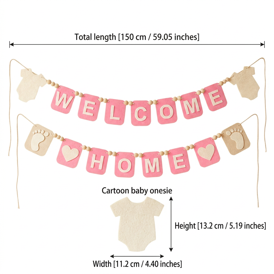 WELCOME HOME felt garland size guide in centimetres and inches