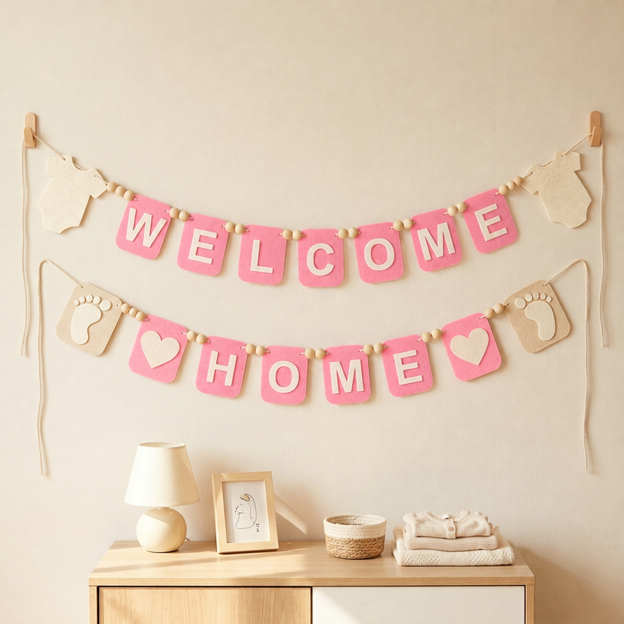 Pink WELCOME HOME felt garland displayed on a nursery wall