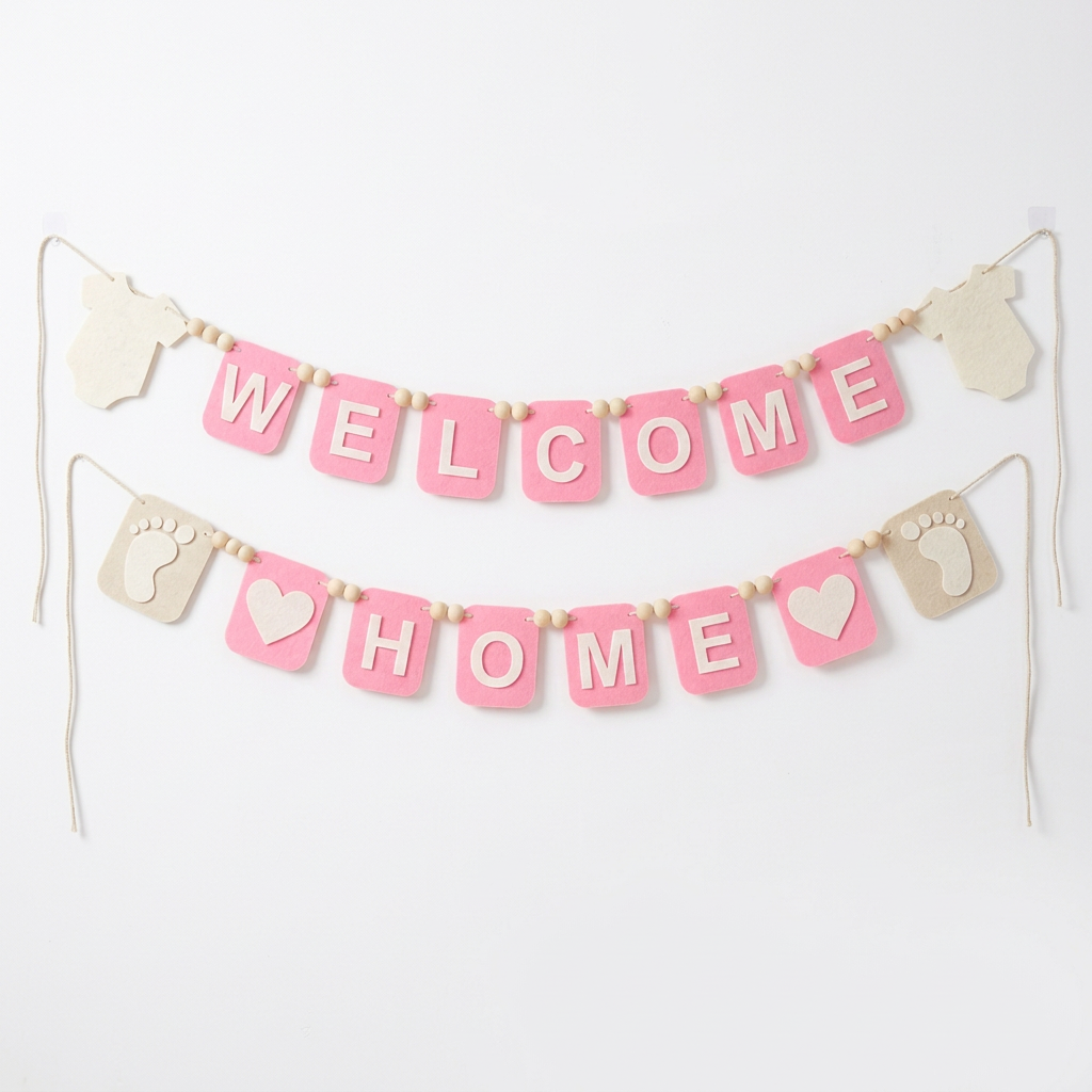 Pink WELCOME HOME felt garland with baby bodysuit shapes, footprints and hearts