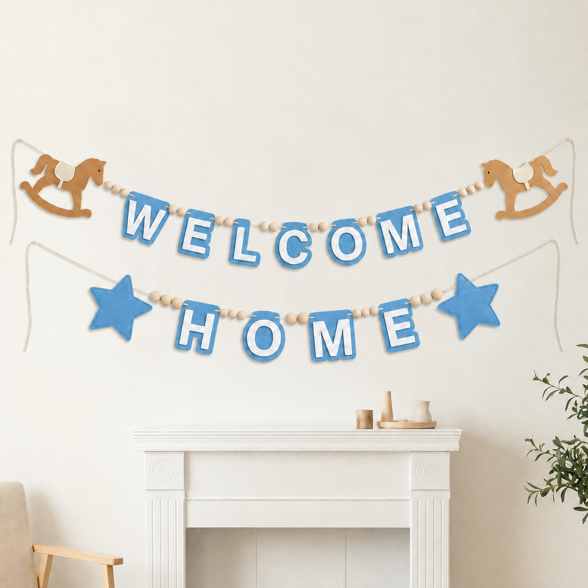 Blue WELCOME HOME felt garland with rocking horses and stars