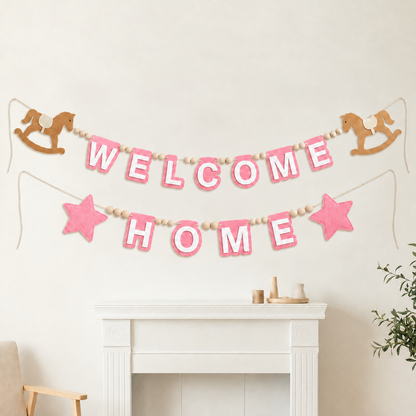 Pink WELCOME HOME felt garland with rocking horses and stars