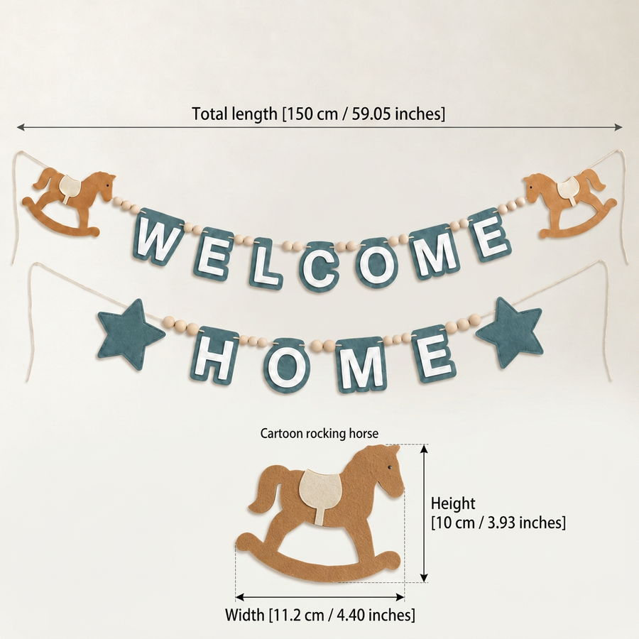 WELCOME HOME felt garland size guide in centimetres and inches