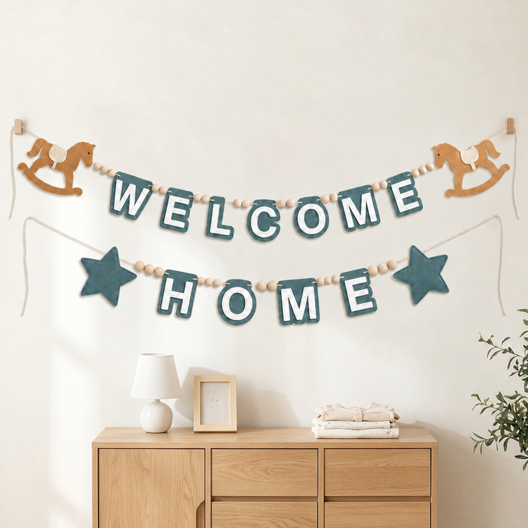 Forest Green WELCOME HOME felt garland displayed on a nursery wall