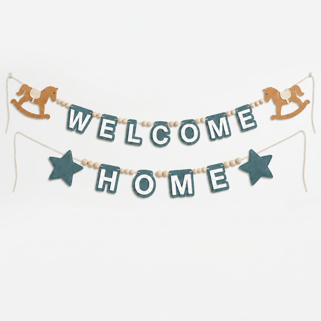 Forest Green WELCOME HOME felt garland with rocking horses and stars