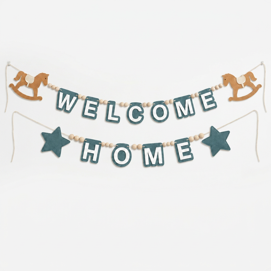 Forest Green WELCOME HOME felt garland with rocking horses and stars