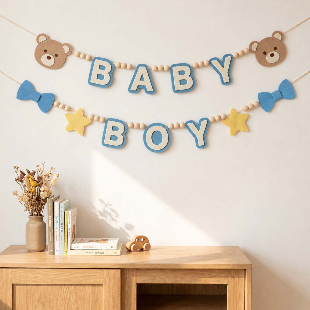 Blue BABY BOY felt garland with teddy bear faces, bows and stars