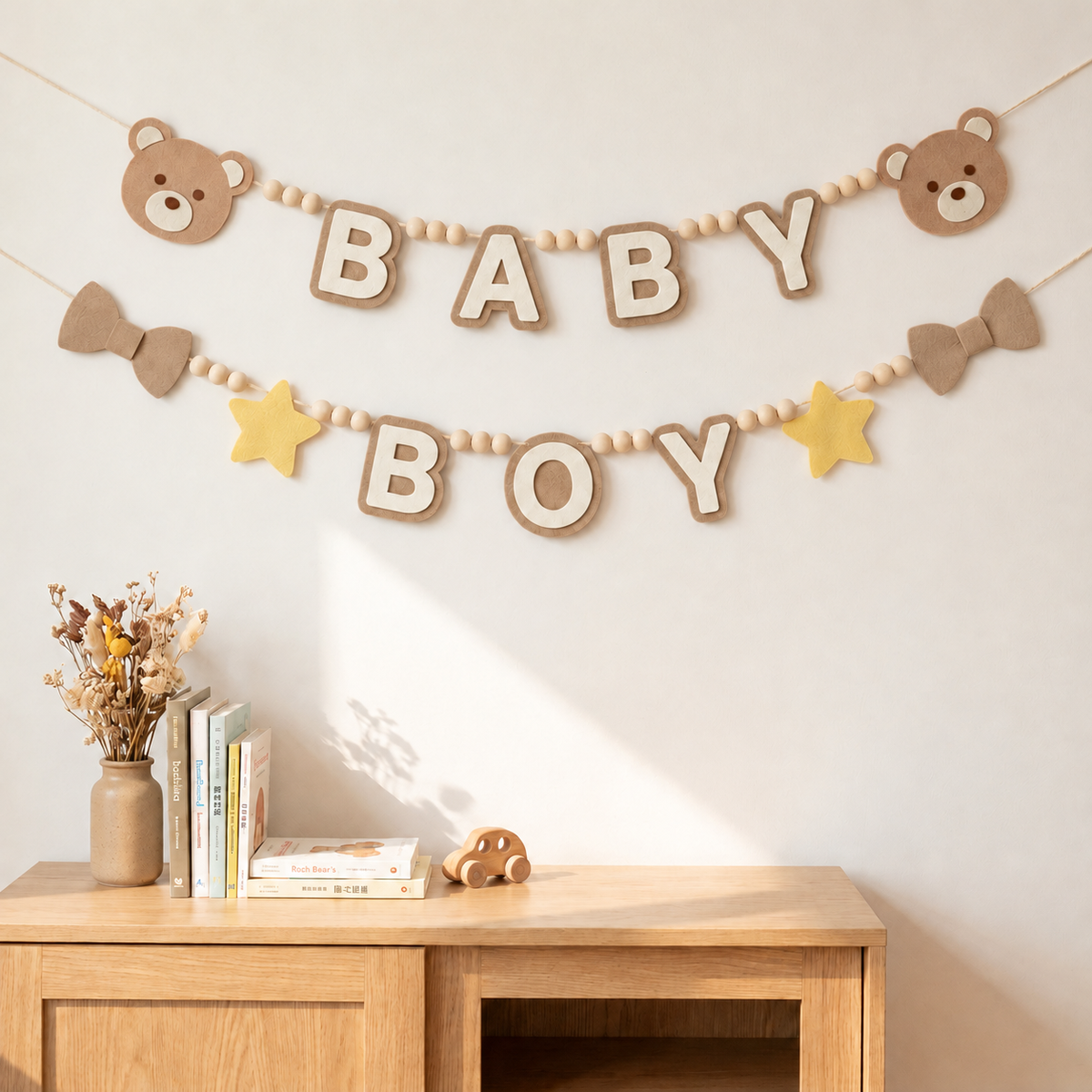 Tan BABY BOY felt garland with teddy bear faces, bows and stars