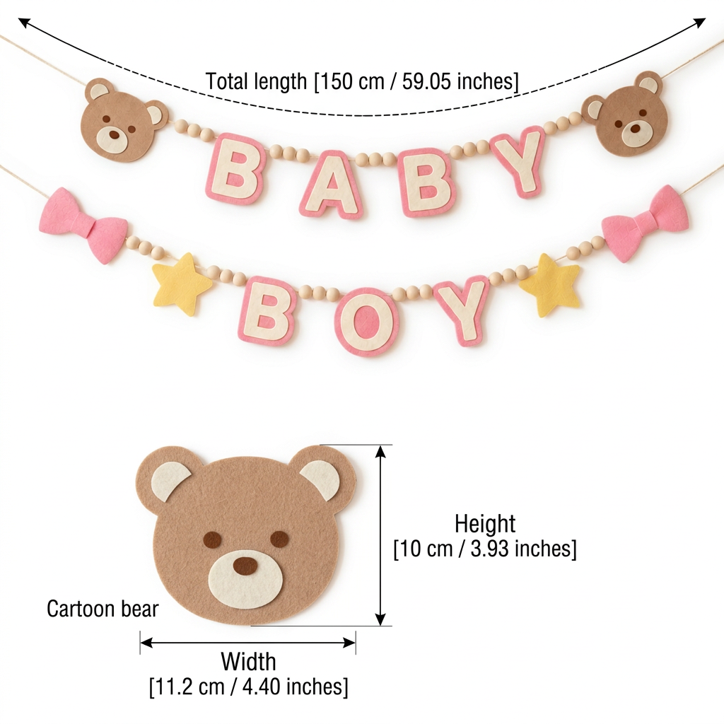 BABY BOY felt garland size guide in centimetres and inches
